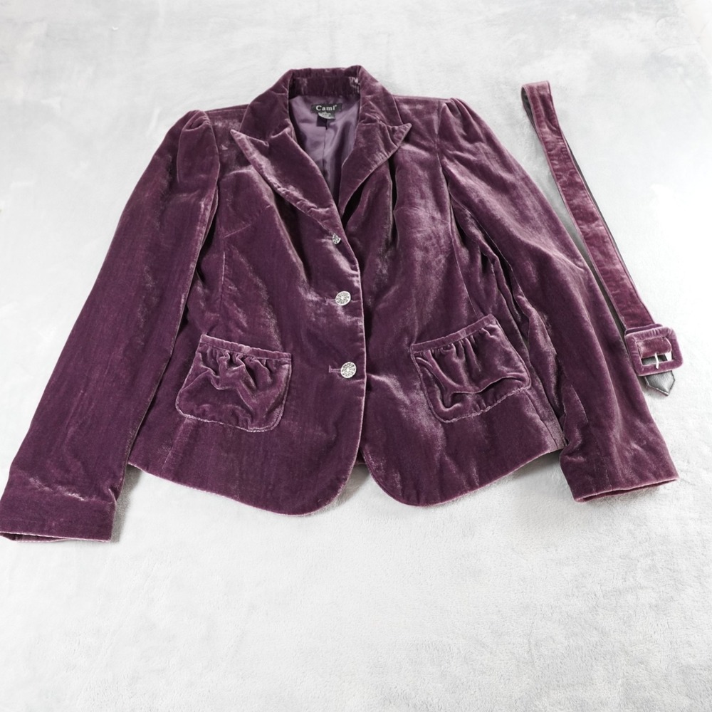 Cami Velvet Blazer Jacket Womens 6 Purple Y2K Whimsigoth Belted Pockets Party - Picture 3 of 13